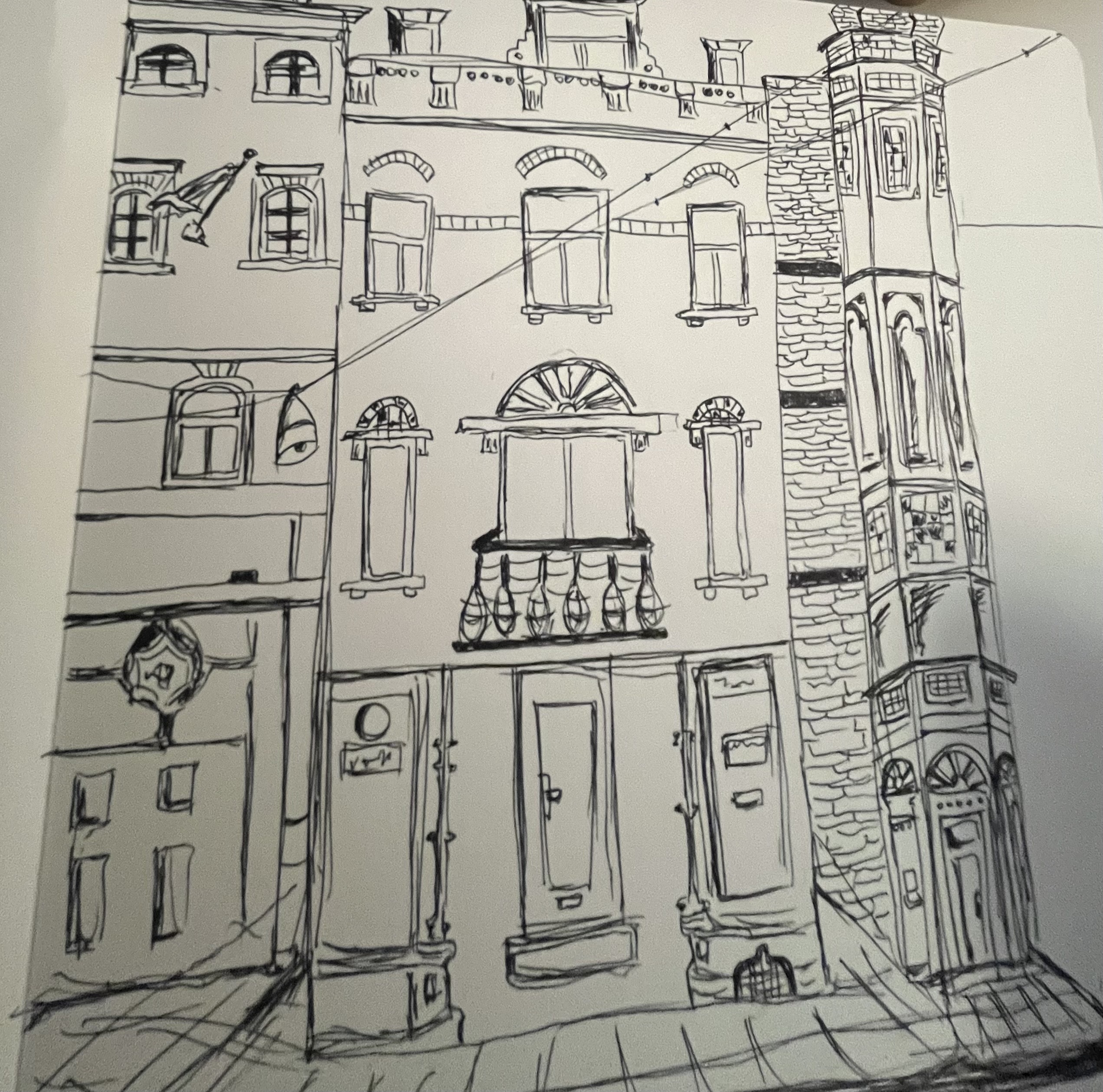 Minimalist line-art ink sketch of a house outline, demonstrating clean geometry and professional drafting style.